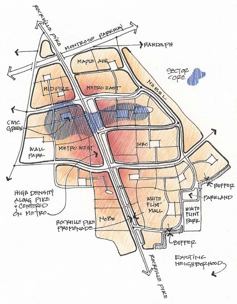 Figure 7: Concept Sketch Core The core of White Flint is located between Marinelli Road and Old Georgetown Road and within a ¼-mile of the Metro station. Here density is high and buildings are tall.