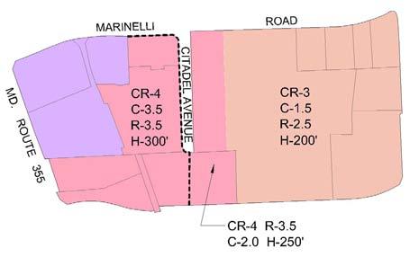 Rezone C-2 properties along Rockville Pike south of the NRC and west of Citadel Avenue to CR 4: C 3.5, R 3.5, and H 300.