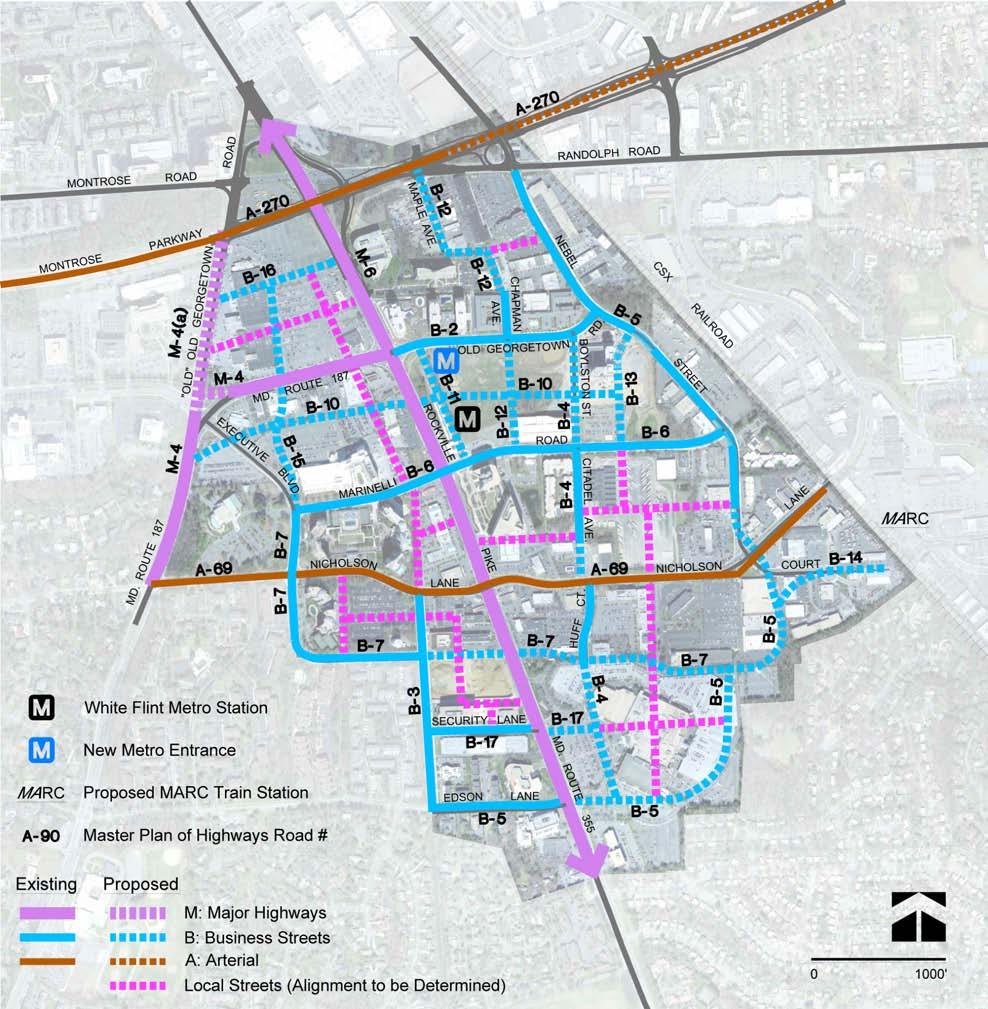 Figure 43: Existing and Proposed Street Network Street Network Augment the master planned street network (Figure 43). Plan area streets should adhere to the design standards of the County Road Code.