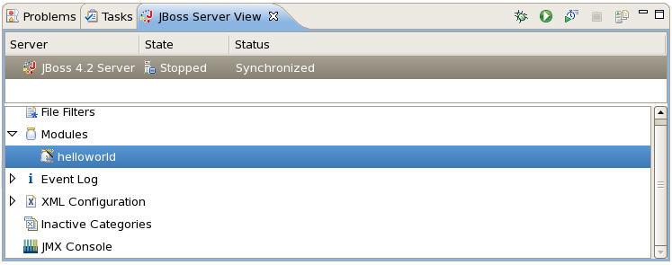 Deploying a ESB Project Figure 2.9. JBoss Server View Thus, you have just added the ESB project to the JBoss server module list.