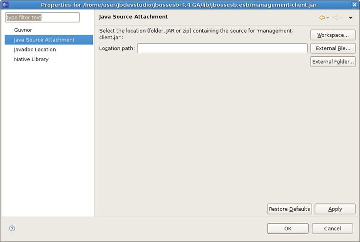 Chapter 2. ESB Support Figure 2.19. Classpath Container: Java Source Attachment Click on Apply and then on Ok.