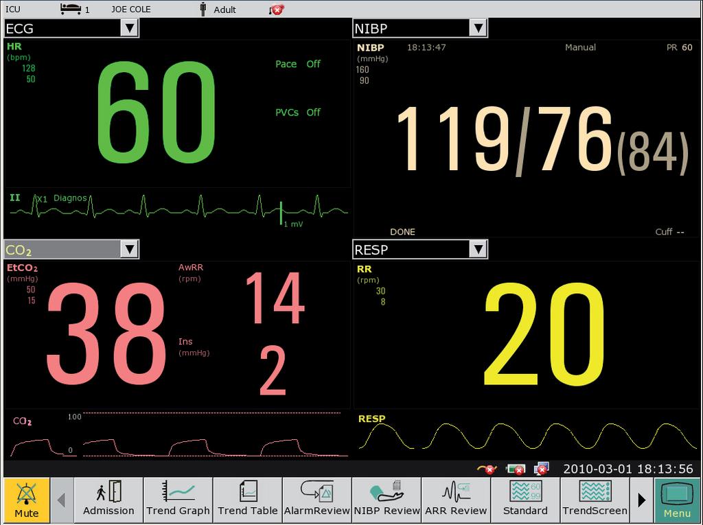 This is a NICU only feature. Monitoring of SpO 2, HR and Resp is different for neonates than for adults. Viewing large font screen To display the large font screen: 1.