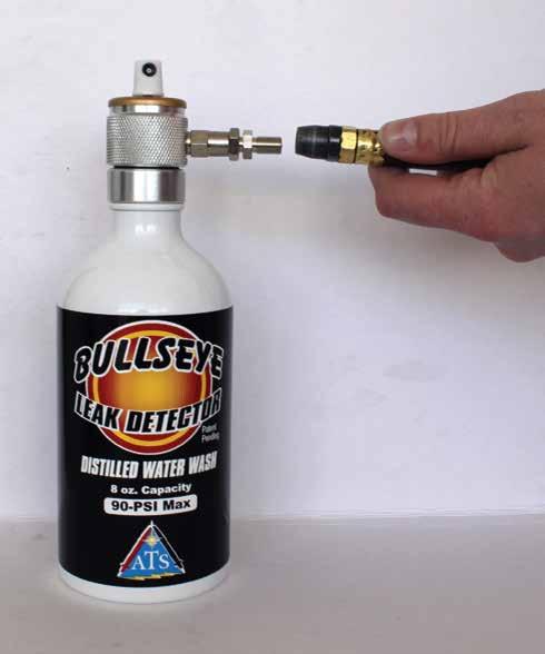 Re-Filling The BULLSEYE Distilled Water Wash Aerosol Bottle 1. Depress shrader valve and release any air pressure remaining in bottle. 2. Unscrew top counter clockwise from bottle. 3.