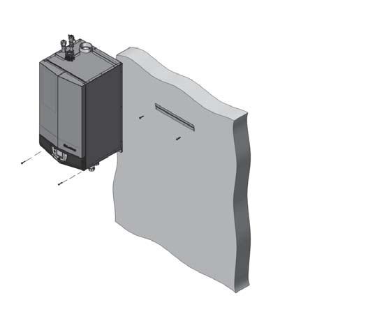 2 Prepare boiler Mounting to a concrete wall: The boiler is too heavy for a single person to lift. A minimum of two people is needed for mounting the boiler onto the bracket.