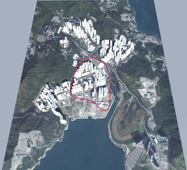 Combined with the planned breezeway, the core area of Tseung Kwan O new town is defined and included with the model. (FIG.