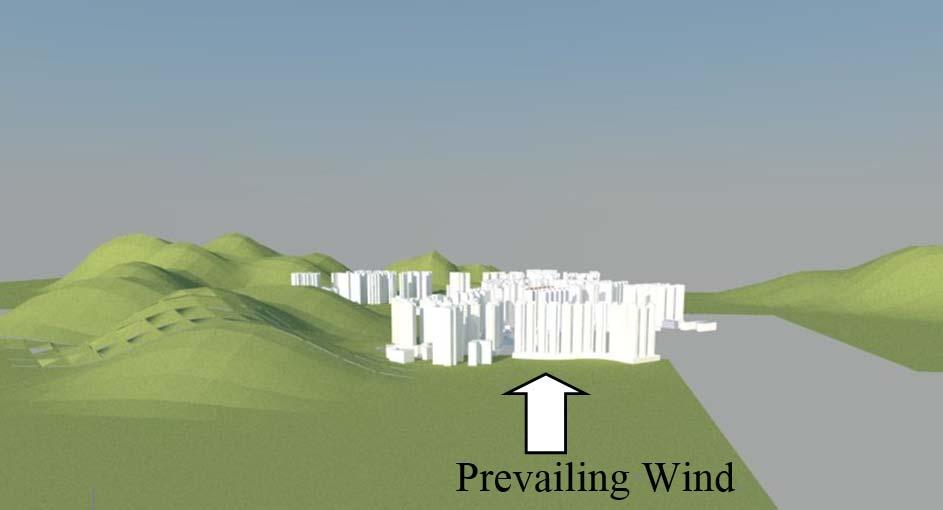 Figure 9. Image of prevailing wind (202.5 ) used in CFD The simulation result is shown as below. Generally, the brighter color stands for a more powerful air flow, whose range is from 0 m/s to 6m/s.