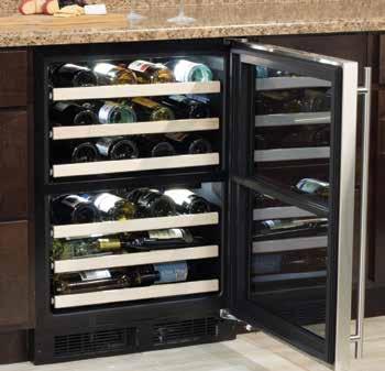 Image 55 F to 62 F 45 F to 55 F Up to 40 bottles total Upper zone: (3) 8-bottle roller-glide wine racks Lower zone: (1) 8-bottle roller-glide wine rack and (2) 4-bottle half depth roller-glide wine