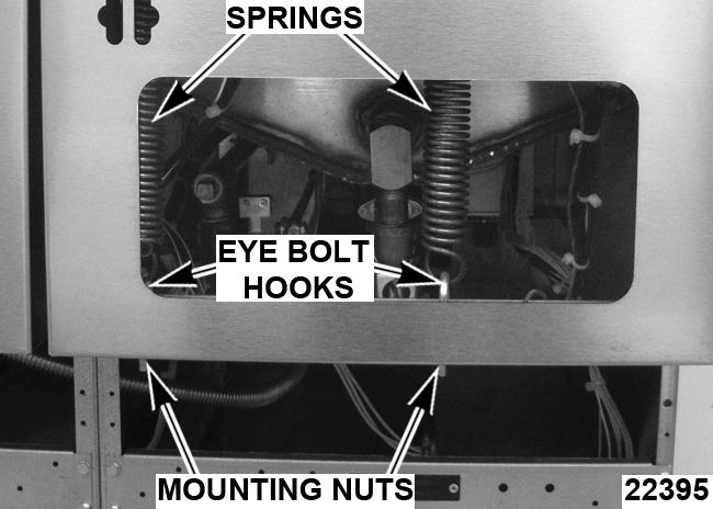 Remove lift assist springs from the hangers. 5. To install springs: A. Attach spring hook to hanger thru rear door opening. B. Attach spring hook to eye bolt and tighten eye bolt mounting nut.