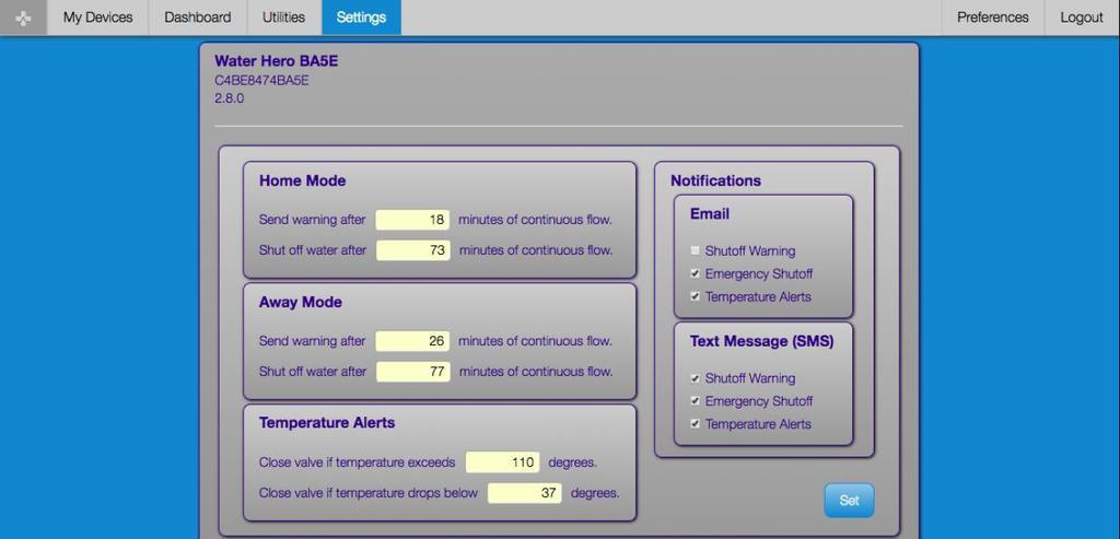 Settings The Home Mode and Away Mode interfaces allow for setting limits after which warnings and automatic shut-off alerts are triggered.