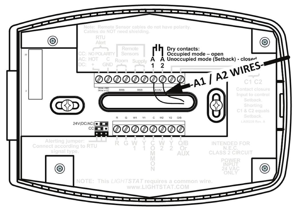Use #18 gauge 2-conductor twisted pair cable between the Lightstat TME and the damper or equipment to be shut down. A1-A2 cable does not have polarity, either wire may be connected to either terminal.