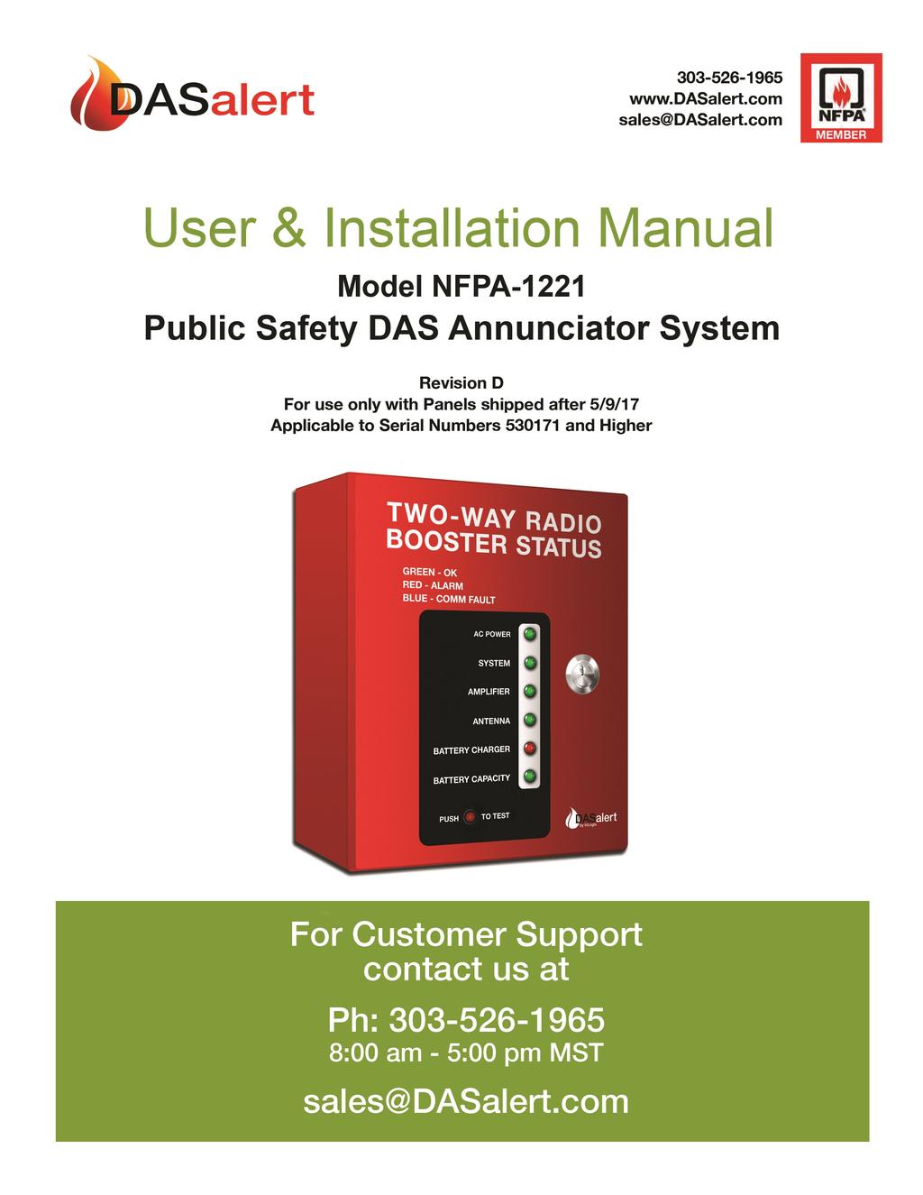 Public Safety DAS Annunciator Panel 120 VAC Models: 1221-A, 1221-B, 1221-C Revision D 91117