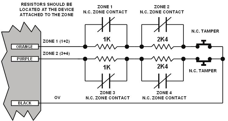Figure 6-4 Zone Input Duplex Mode (1K and 2K4) Fire Zone Input Wiring When wiring a zone to be a fire zone input the current programmed zone options will determine what resistors and configuration is