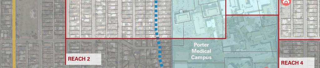 2. Between Ogden and Downing, realign channel with Harvard Ave creating a