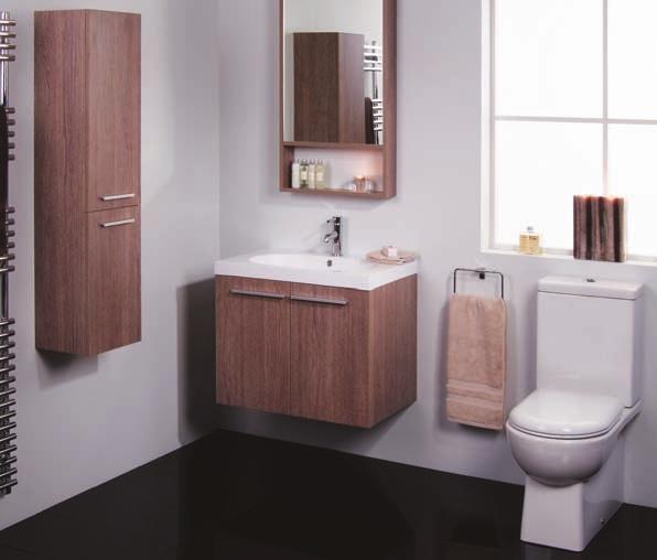 Furniture Banff Oak Tall Storage Unit, Vanity Unit & Modena Toilet The perfect proportions of the wall mounted Banff wash station are further enhanced with metal handle detailing on the doors.