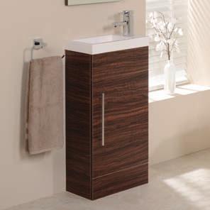 00 8249 A contemporary 410mm vanity unit with a single door cupboard and internal shelf. Finished in walnut and featuring one tap hole for the use of mono basin mixers. Complete the look.