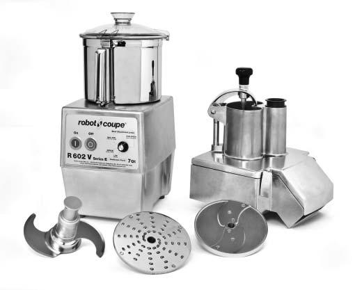 Metal vegetable preparation attachment equiped with two deep feed openings. One for larger produce and one for smaller, more delicate produce.