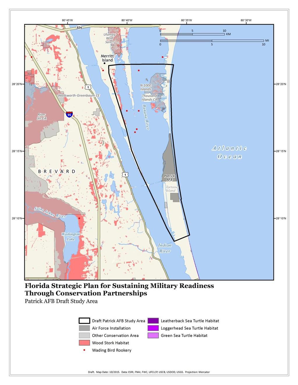 Draft Study Areas: Patrick AFB Used sea turtle nesting habitat, wood stork habitat to indicate wetland conservation/management opportunities, seagrass areas, and wading bird