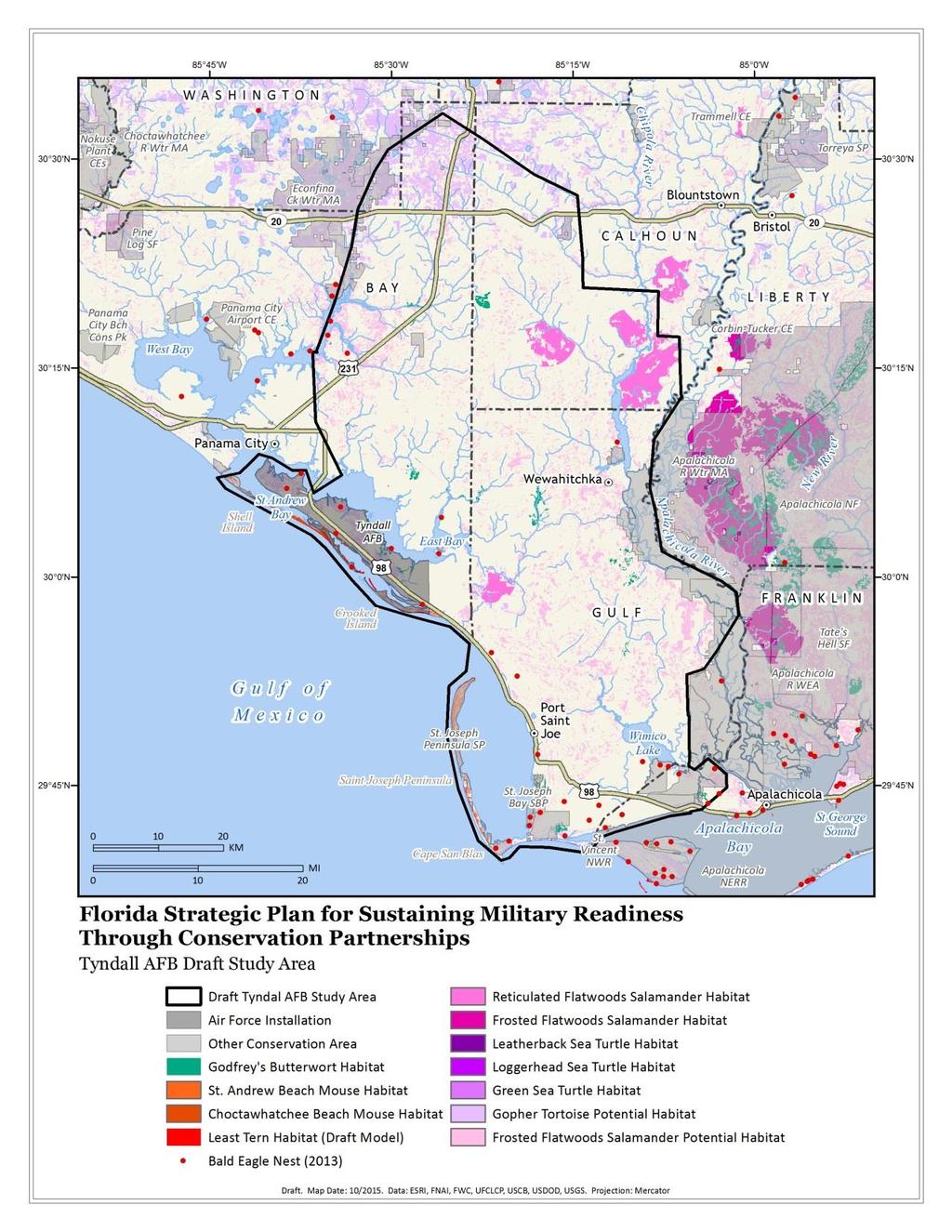 Draft Study Areas: Tyndall AFB Inclusion of available unprotected Pinguicula ionantha habitat north and east of the base. Inclusion of the St.