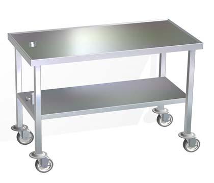 The legs are constructed of 1-1/2" square stainless steel tubing with rolling bumpers and NSF approved heavy-duty 5" diameter swivel casters (two with locking brakes). 18" undershelf height.