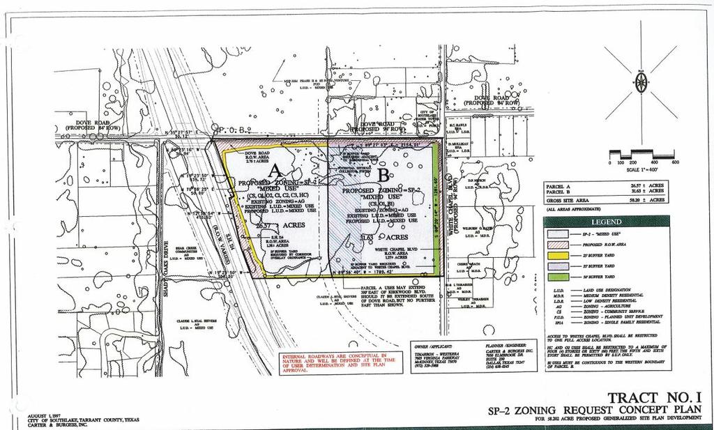 The property is the eastern portion of a two tract development approved in 1997 as Tract I, Timarron Commercial (Ord. 480-220).