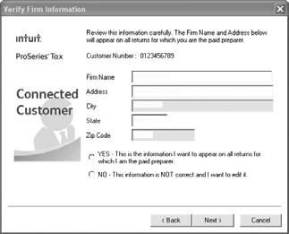3 Click Next after the Connected Customer Wizard finishes the setup tasks. 4 In the Verify Firm Information dialog box, review the information carefully.