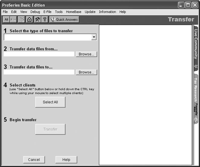 Step 3 - Transfer data from last year s ProSeries client files The first time that you start the ProSeries Basic program, you are asked if you want to transfer last year s client files.
