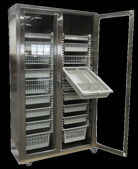 Users can select from different sizes of baskets and trays which can be installed horizontally or angled for viewing. Shelves and catheter slides are also available.