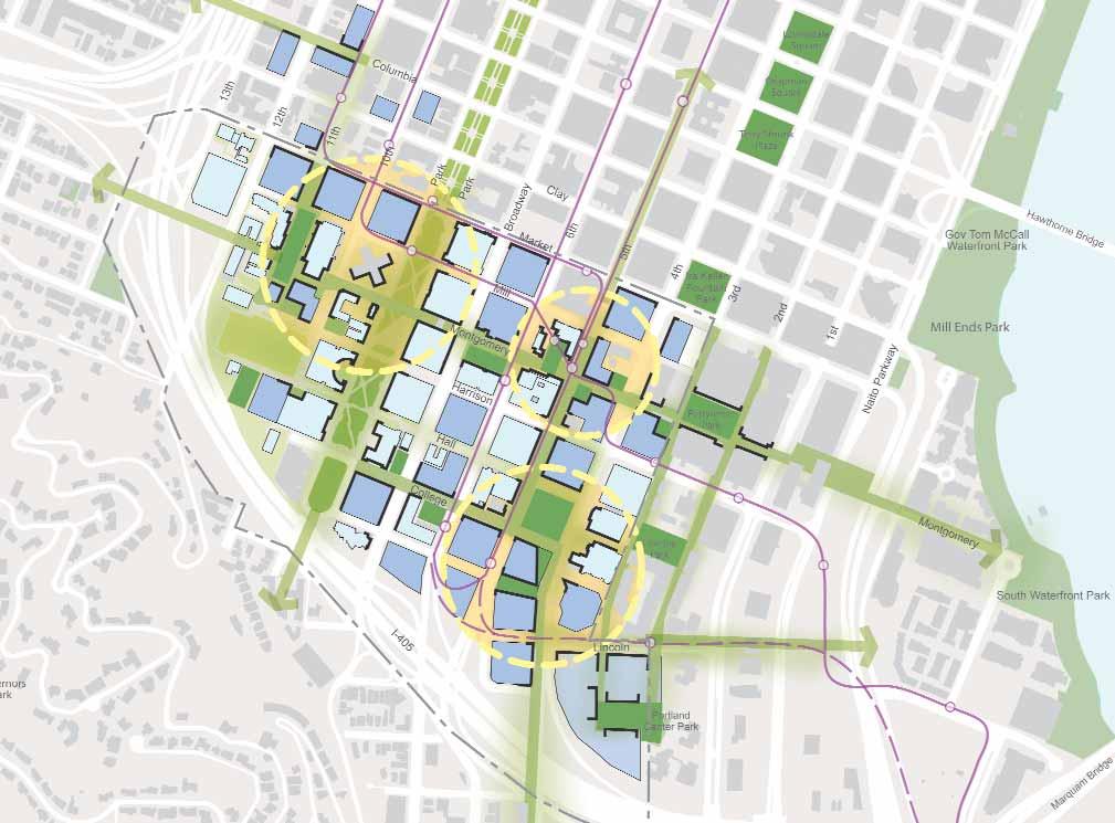It is about building community Three new centers for early development Early redevelopment in the Framework Plan radiates from three major focal points in the University District, and complements