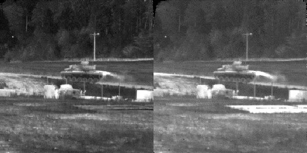 3.3.1 Armored Vehicles Figure 12 shows an M60 tank moving along a dirt and gravel road. The exhaust plume is more prominent in the MWIR image than in the LWIR image.