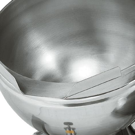The 316 stainless steel is standard on large kettles and available on table top models. A stainless tangent strainer with 1/4 perforations is standard on all stationary floor model kettles.