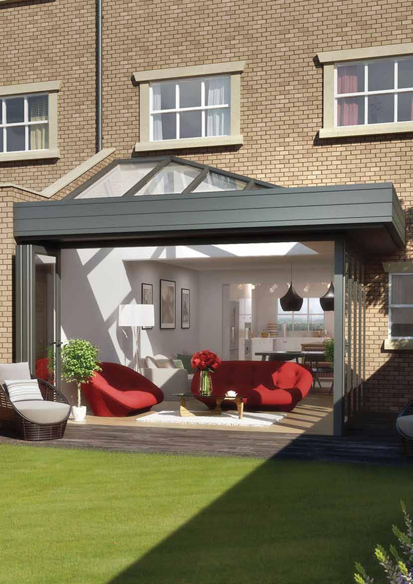 Internal soffit External soffit Powder coated outer fascia Extra shade and shelter is provided by the external soffit Impressive bi-fold doors can fully open across the entire facade If you are