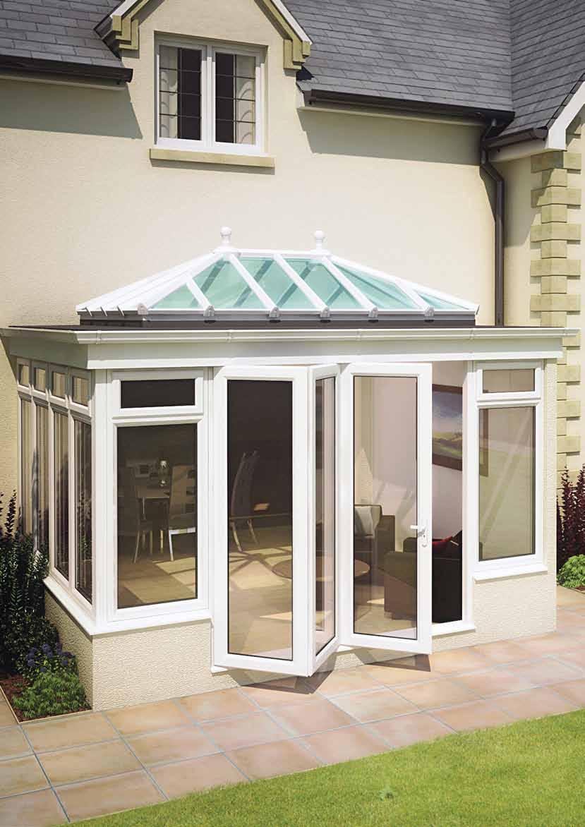 Rio shown here in White with bi-fold doors and Celsius Elite roof glass Rio Lantern roofs are beautiful from the outside and will allow natural light to flood inside.