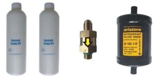 Service Kit 100Hr (Vacuum pump Oil - 330ml x 2, Recovery Line Filter, Main Filter Dryer, Service Hoses "o" rings) Interval Every 100 Hr / Once a year Every 100 Hr / Once a year Every 100 Hr / Once a