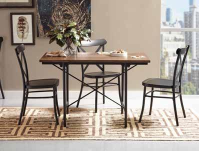 table in rustic honey finish with metal base accompanied by 4 chairs with sturdy