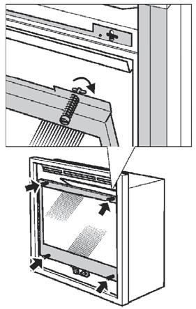 Appliance Preparation Window Removal 1. Turn the top two spring-loaded window bolts through 90 degrees to release the window from the fi rebox. 2. Remove the bottom two spring-loaded window bolts. 3.
