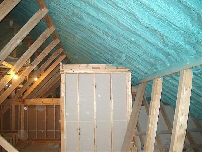 Icynene foam applied to the underside of the rafters. Insulating the underside of the attic rafters with icynene foam effectively converts the attic space to a conditioned space.