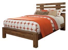 group in an aged reclaimed wood look of replicated oak grain Modern style bed features large mitered horizontal post rails in headboard Tall generously scaled case pieces with wide pilasters