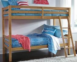 B324 Hallytown (Signature Design) Bunk beds made of pine solids in a classic light brown finish
