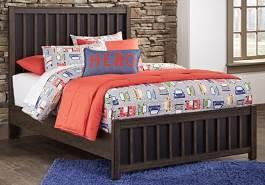 Brissley (Signature Design) Two-tone casual group made with rich sepia toned highly durable melamine material over engineered board with select parts in hardwood solids Headboard has vertical