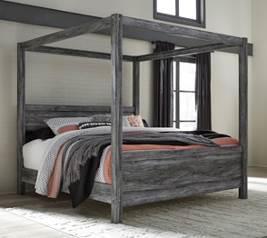 B221 Baystorm Smokey gray finish over replicated oak grain with authentic touch Modern bookcase headboard features dimming LED light under shelf Storage bed offers up to 6 drawers of