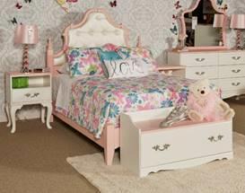 B212 Laddi Dainty traditional youth group in a two-tone replicated white and blush pink paint finish Bed features button-tufted pearl finish upholstered panels and scroll detailed crowns French