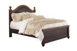 both sides of queen or king poster beds and king or queen sleigh beds B220 Maxington Vintage casual two-tone farmhouse group features dark brown replicated worn through paint and a vibrant replicated