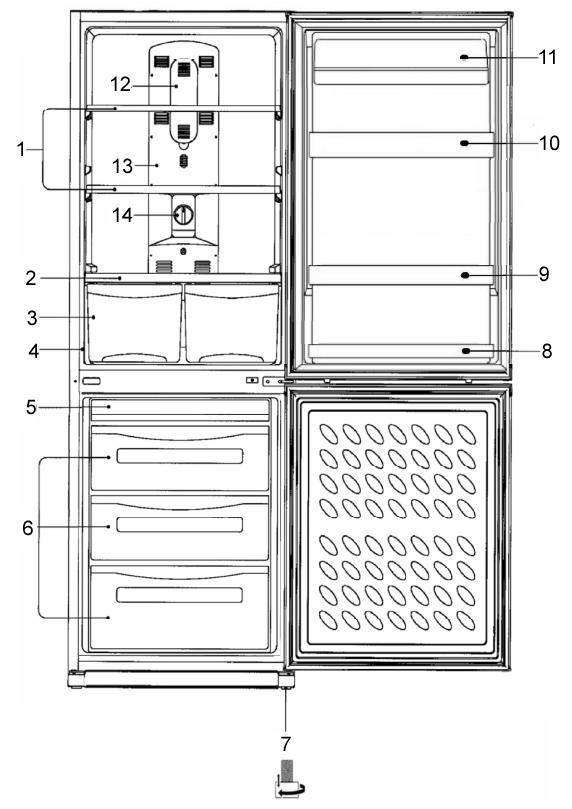 Description of the appliance 1) Shelves 13) Airflow duct vent 2) Salad crisper 14) Thermostat control knob 3) Salad drawers 4) Rating plate 5) Ice