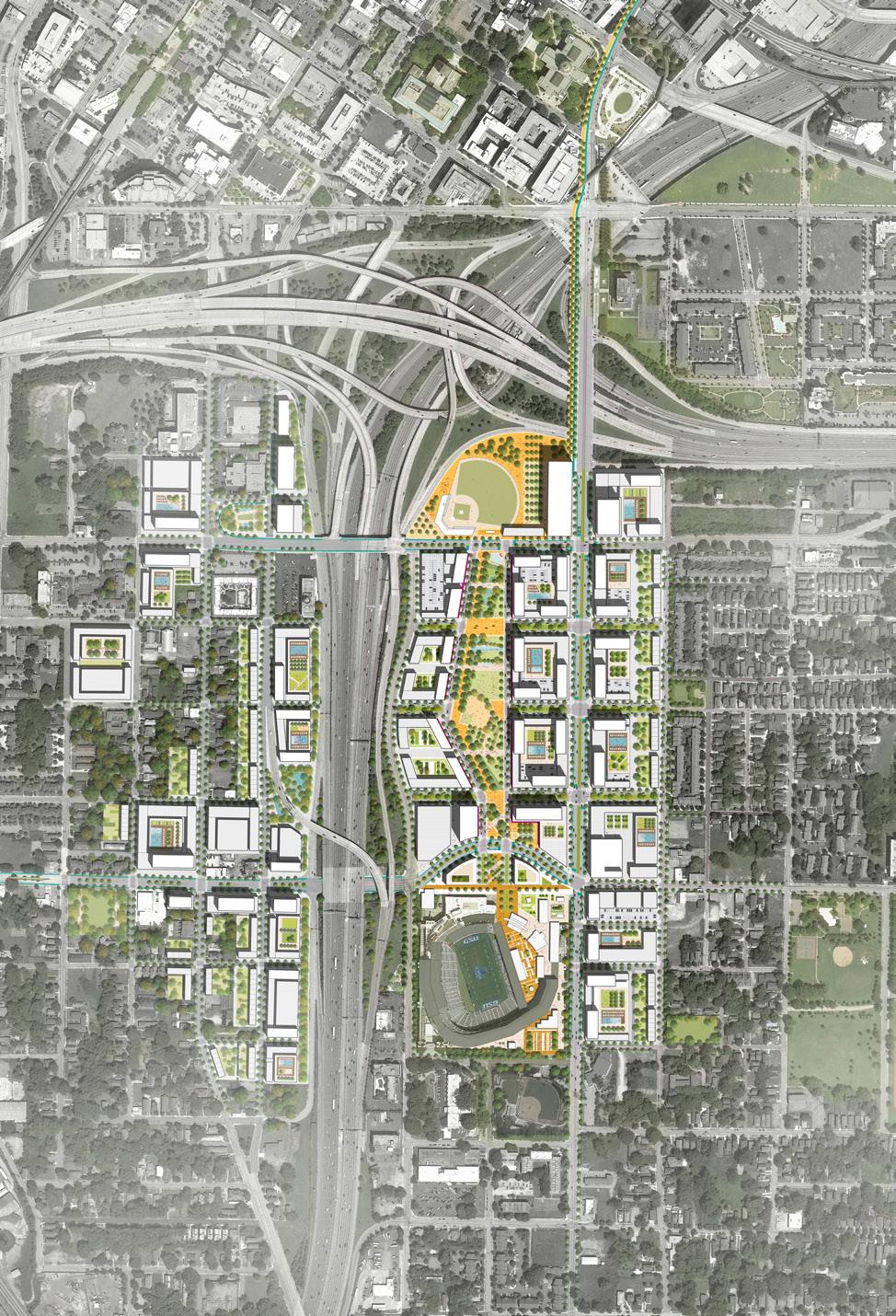 CONCEPT 0 BIG PARK capitol bridge and bike/ped corridor institutional infill baseball field district parking hank aaron park infill housing mixed use shopping street heritage park