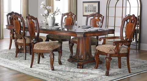2999 IS 4190 OLD WORLD 5-PIECE DINING Includes 112-inch double pedestal table and four upholstered shield-back