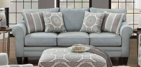 In heathered grey upholstery with two accent pillows included.