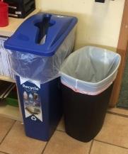 Office Areas Pair well-labeled deskside and office area recycling and trash containers, using standardized colors blue for recycling and