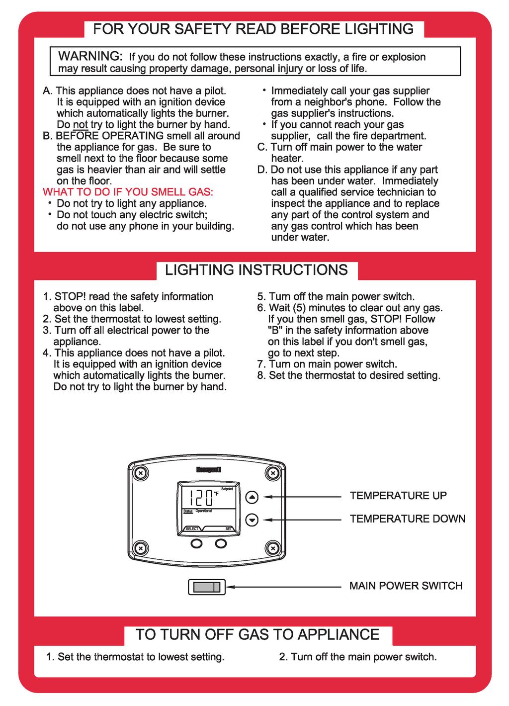 LIGHTING AND SHUT-DOWN INSTRUCTIONS Figure 10. Lighting Instruction Label. Table 4. TEMPERATURE ADJUSTMENT.