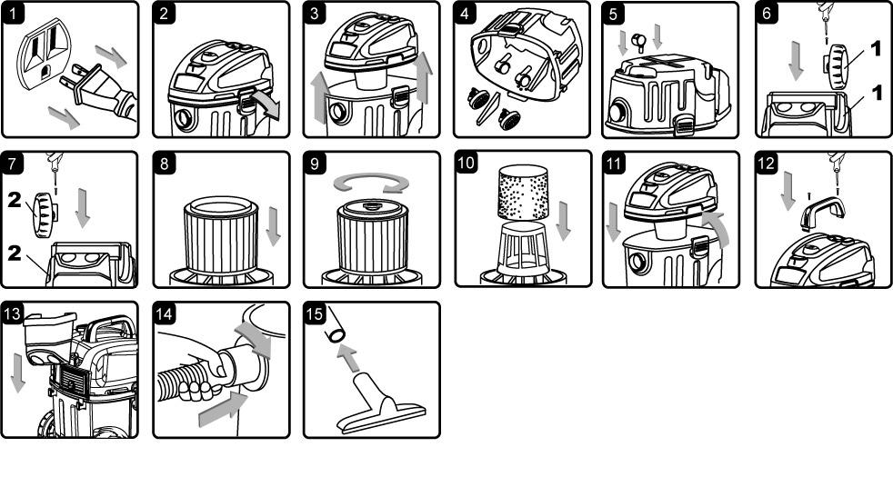 GENERAL ASSEMBLY INSTRUCTIONS A Philips head screw driver is required. WARNING: DO NOT PLUG IN POWER CORD TO POWER OUTLET, MAKE SURE PLUG IS DISCONNECTED BEFORE ASSEMBLING THE WET/DRY VAC.