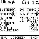 4 SMART SYSTEM control module Figure 4-2 Status Display Screen A (BOILER STATUS) B (CALL FOR HEAT) C (OPERATIONAL INFORMATION) D (LEFT SELECT KEY) E (NAVIGATION DIAL) F (RIGHT SELECT KEY) Status